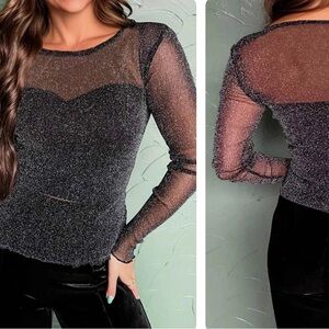 Cache Black Glitter Sheer Blouse